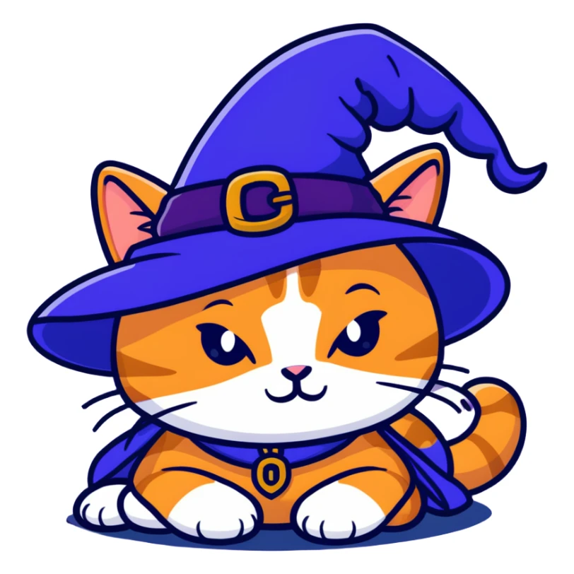full body ginger tabby cat flopped over on her side wearing an indigo witch hat sticker