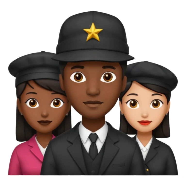 Black man with fitted hat on  with two women one black one Chinese  sticker