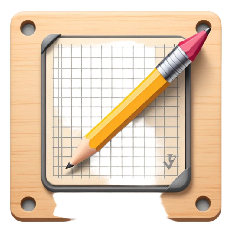 A pencil placed over a square paper grid, representing the sketching phase of a logo sticker
