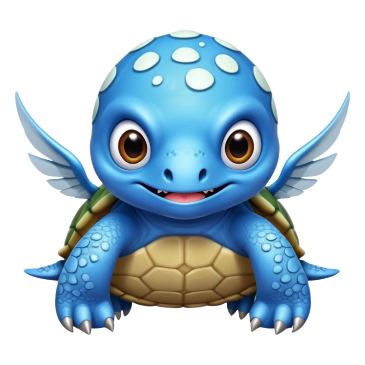 A blue creature with fangs, alien googly eyes, claws, wings, with white dots, and a turtle shell. it looks strong.  sticker