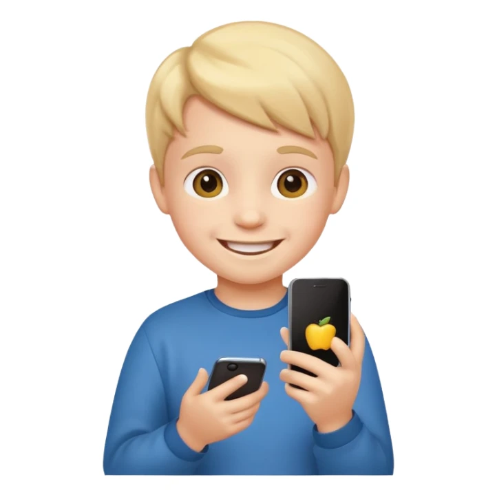 happy little kid with a smartphone, apple style emoji sticker