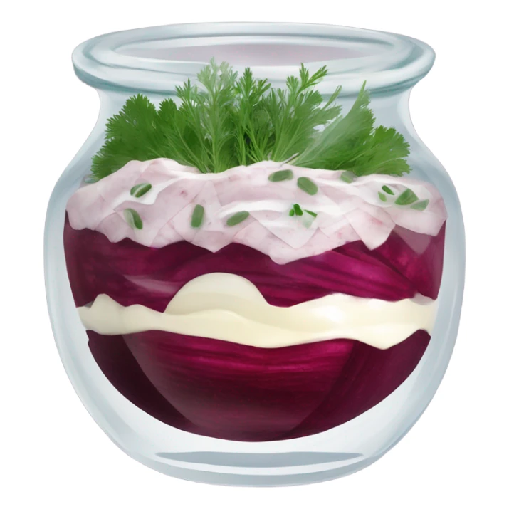 Shuba russian Layered Beet dish  with Herring and mayonnaise in Crystal bowl, dill on top  sticker