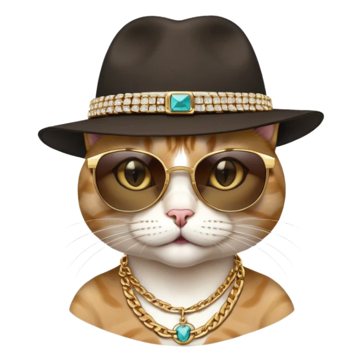 female cat close-up head and shoulders wearing Run DMC style, fedora, dark sunglasses, gold chains, bling sticker