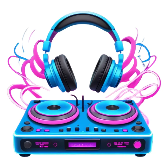 Create a dynamic and modern emoji that represents electronic music and DJing. The design should feature a DJ controller with two vinyl turntables, DJ headphones, and glowing sound waves or a waveform to symbolize the energy of mixing and electronic beats. Use vibrant neon colors like electric blue, neon pink, or green to represent the futuristic and pulsating nature of electronic music. Add subtle details of flashing lights or abstract patterns to evoke the nightclub or festival atmosphere. The background should be transparent. sticker