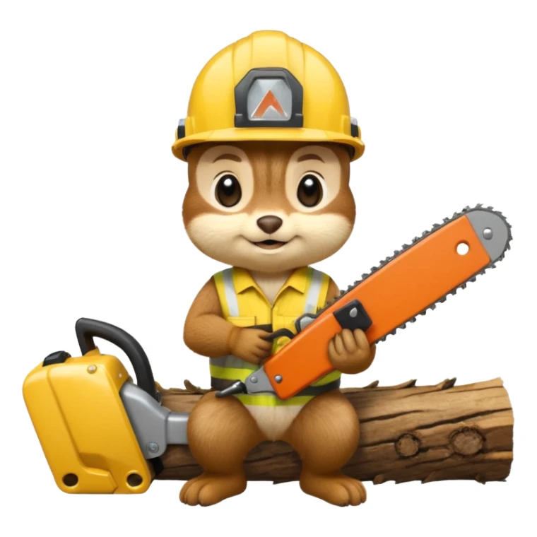  a chipmunk in a construction helmet and with a chainsaw in his hands kneels in front of a log and prays sticker