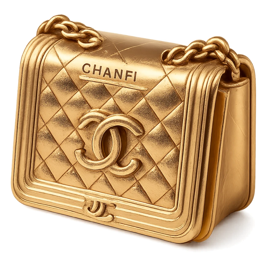 pink Chanel purse, gold style, luxurious and shiny, metallic gold finish sticker
