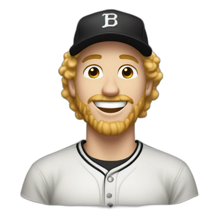 man with blond curly hair, blond beard, black baseball cap, laughing sticker