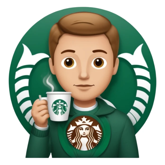 white man sipping coffee with Starbucks logo sticker