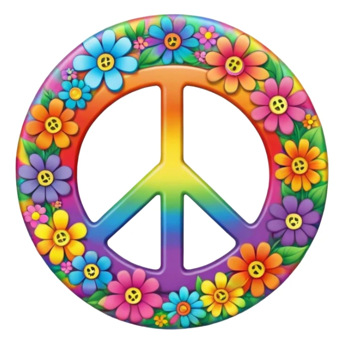 A round psychedelic colored button with the word “peace” in the center with rainbow colored hippie style flowers sticker