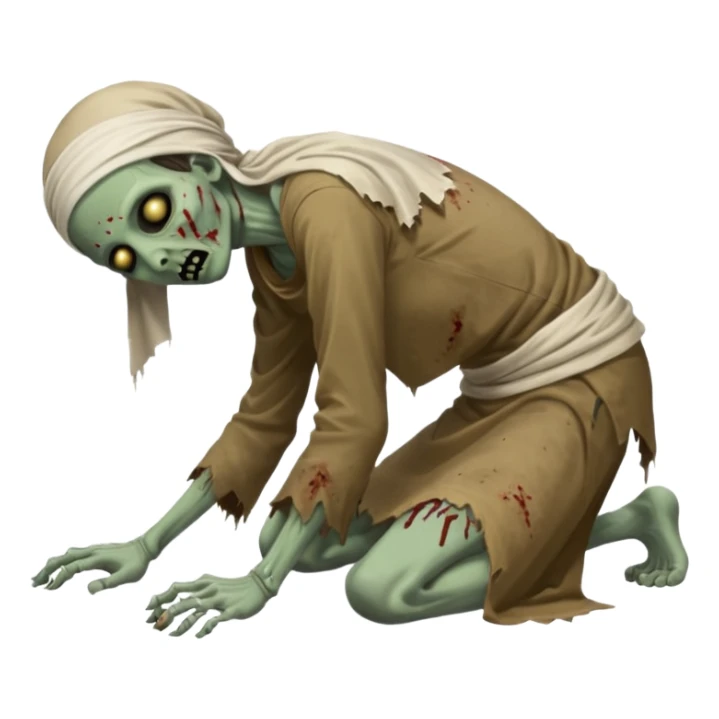 fullbody zombie leper in a prone pose, face down, with tattered tunic and head covering, normal emoji style sticker