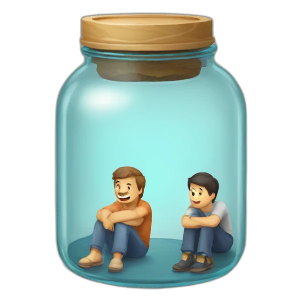 a glass jar standing on the floor between two man's feet sticker