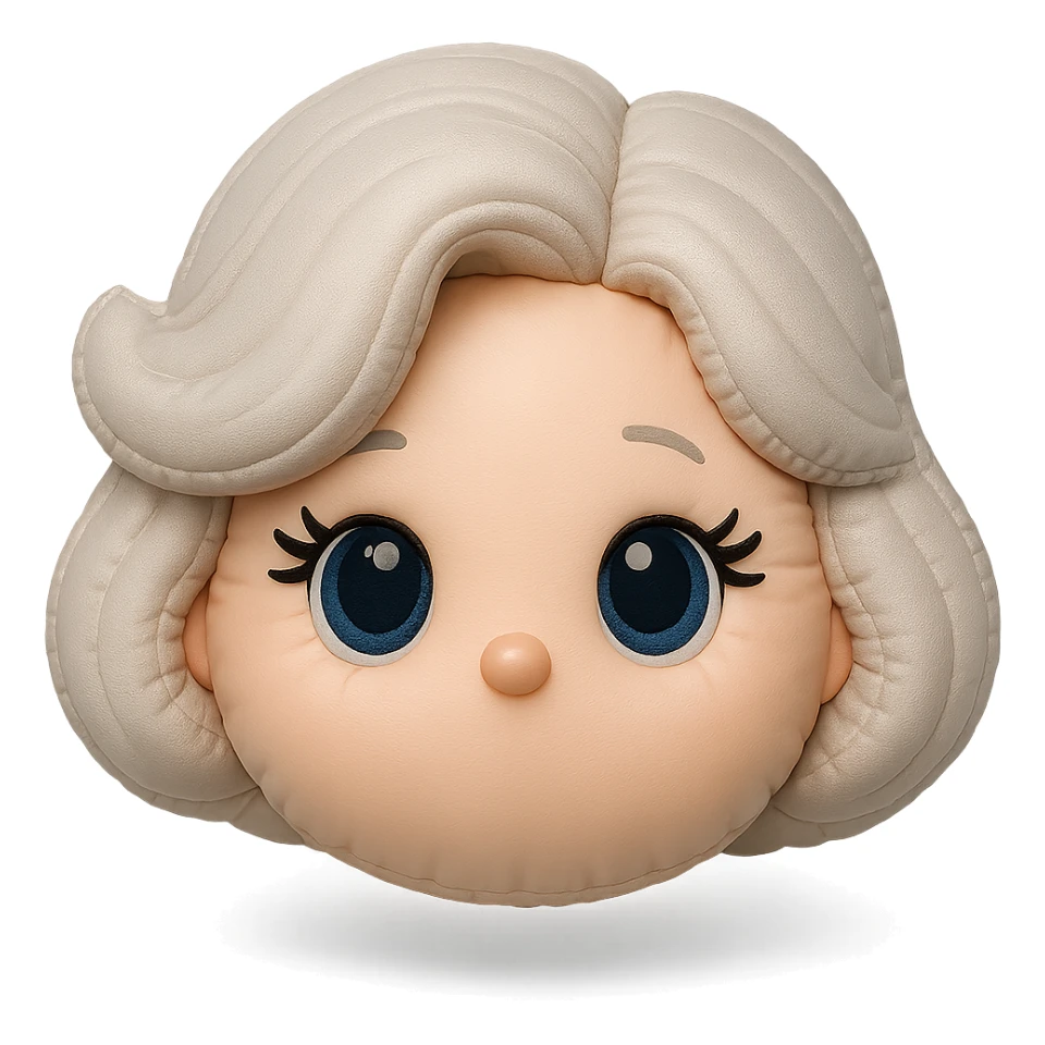 Add cute, plush-style eyelashes to the eyes, keep pure silver grey hair, blue eyes, 1940s bob hairstyle, no body, no mouth, no white border, transparent background in cushion style. sticker