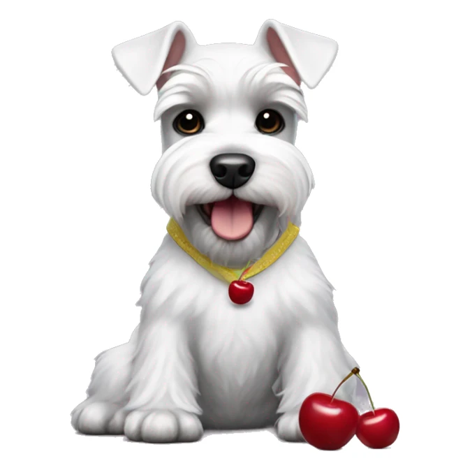 White fun mini schnauzer in pants with cherries sticker