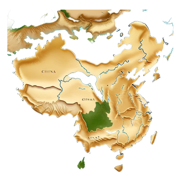 Cinematic-realistic outline of china, featuring its distinct landmass with accurately defined coastlines. The deep blue ocean surrounds the golden-brown continent, with subtle topographic shading to highlight its terrain. A soft glowing effect enhances the edges, making the shape stand out against a neutral, textured background. sticker