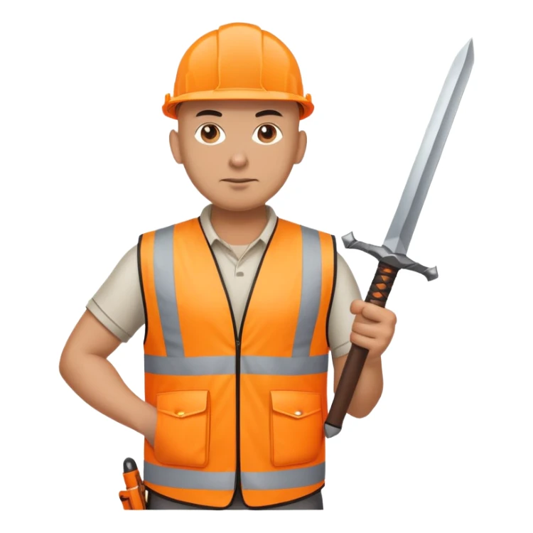 Bald Telecoms engineer in orange hi vis with sword sticker