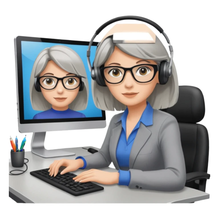 donna bionda occhi azzurri con occhiali grigio/neri, capelli media lunghezza lisci, davanti al pc alla sua scrivania. è una grafica editoriale e redattrice sticker