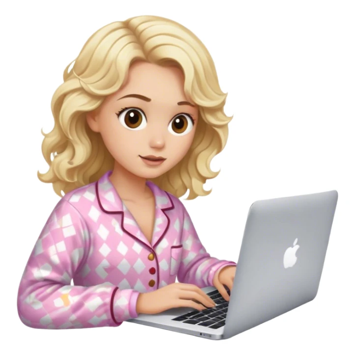 Blonde model with brown eyes, wavy hair, pajamas, typing on MacBook  sticker