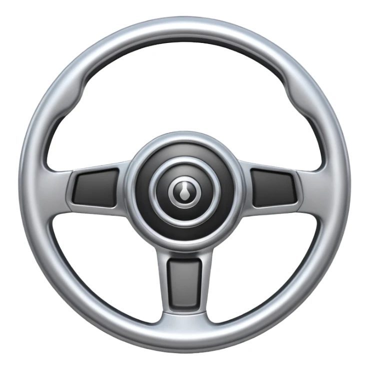 A futuristic steering wheel emoji made of silver chrome, minimal geometric design, smooth metallic surface, soft reflections, iOS emoji style, centered, clean white background sticker