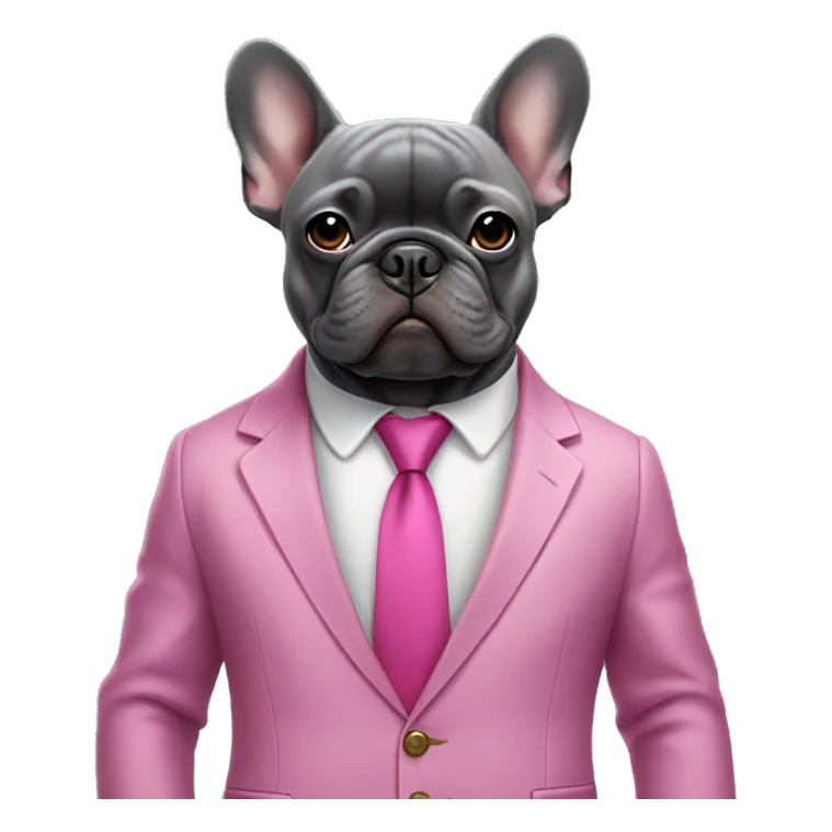A dark grey French bulldog in a pink suit sticker
