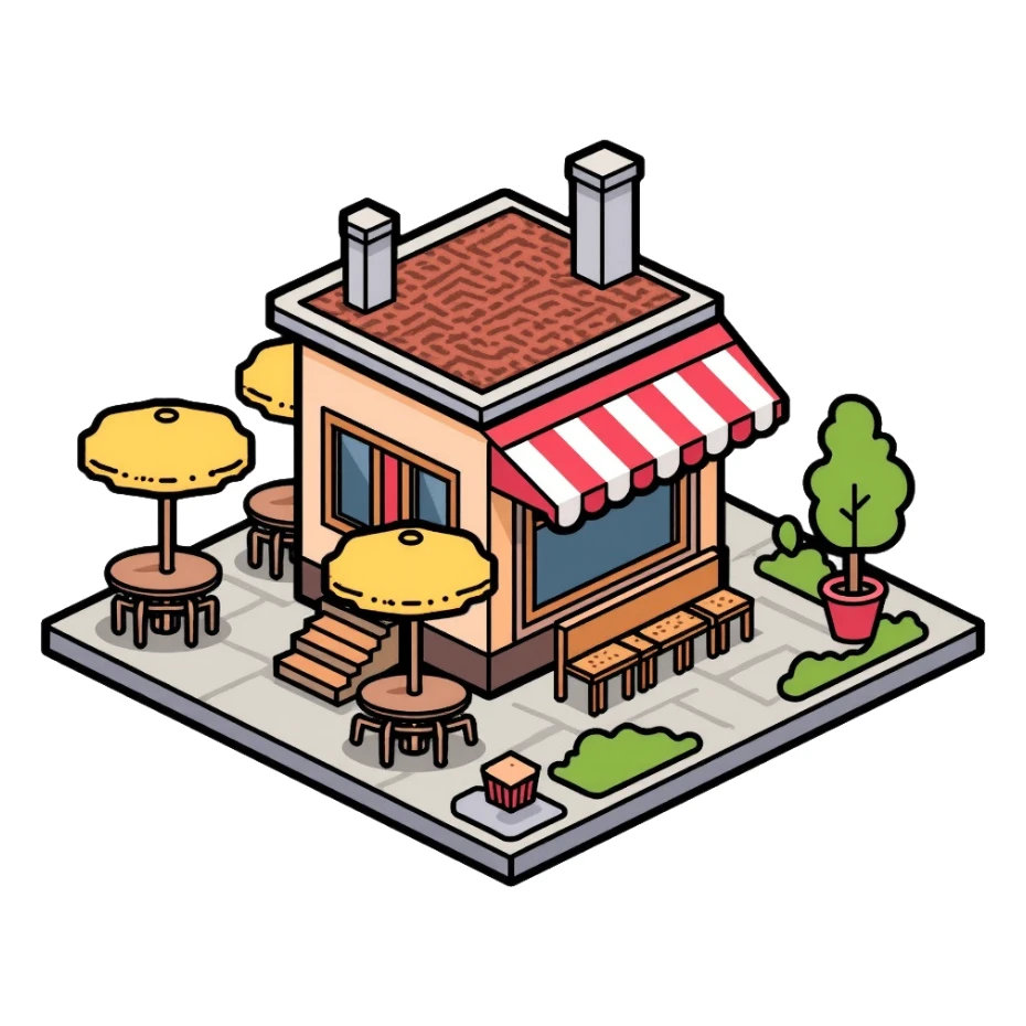 isometric corner cafe shop with outdoor seating and umbrellas sticker