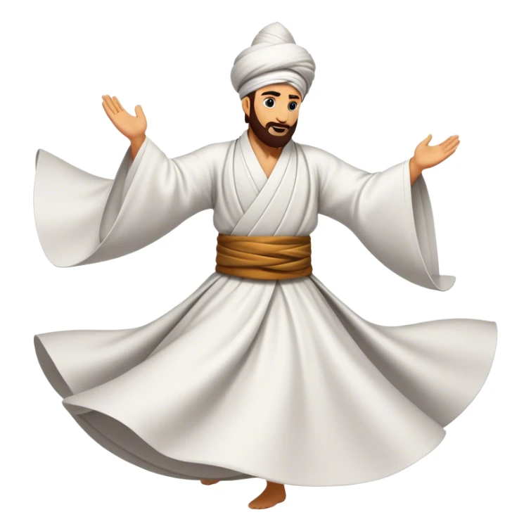 Cinematic Realistic Whirling Dervish Dance Emoji, depicted as a mesmerizing traditional Sufi dance scene with flowing robes and dynamic movement, rendered with vibrant textures and swirling mystical lighting that captures its spiritual energy. sticker