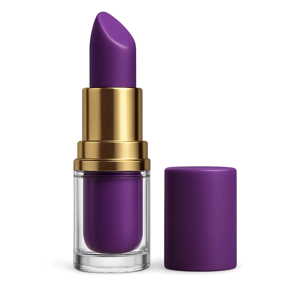 Create a realistic lipstick emoji with a transparent case and purple lipstick. The image should have no background and be in a photorealistic style. sticker