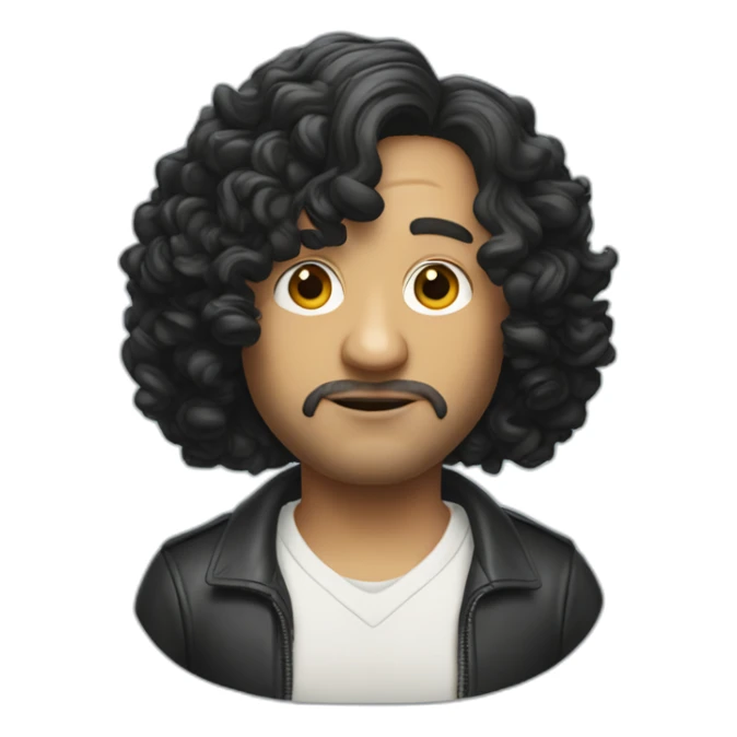 tim robinson with shoulder length curly black hair, wide triangular shape sticker