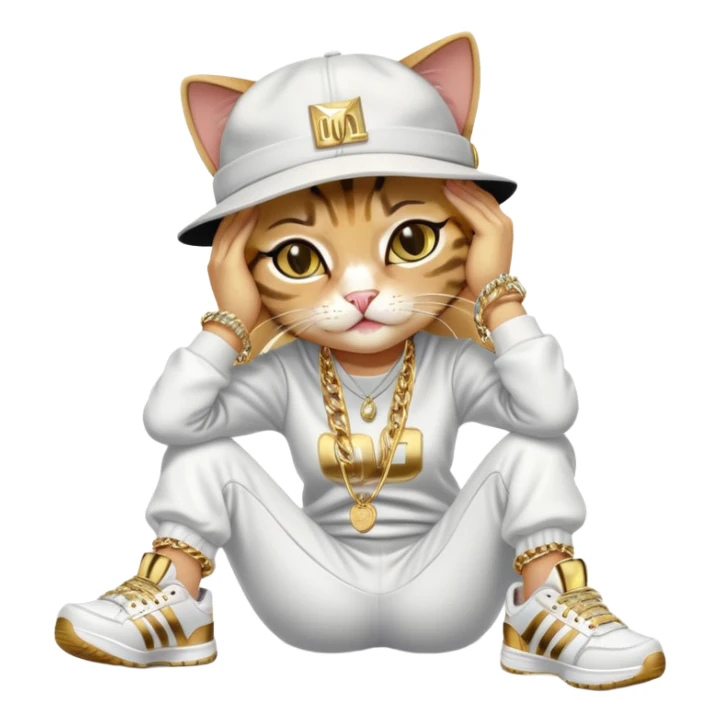 female cat lying down horizontally on the ground, crying, wearing Run DMC hip-hop outfit with tracksuit, fedora, Adidas sneakers, many gold chains, rings, bracelets, flashy earrings, no sunglasses sticker