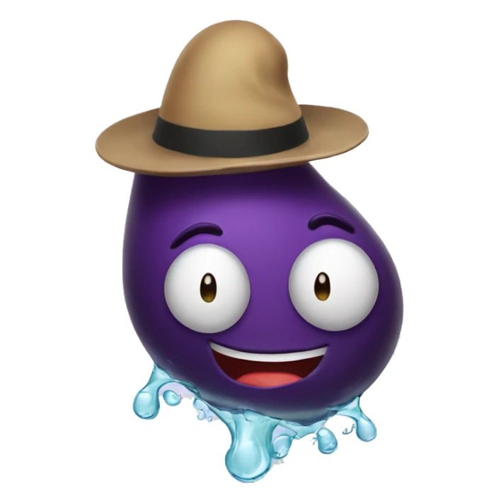 An eggplant with a hat on its head and water coming out of it sticker