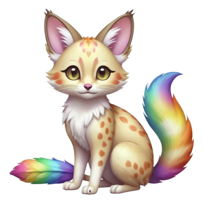 Hyper realistic  opal-bloom pearl-white fur blooming with rainbow firefly shimmer beautiful elegant pretty precious cute  Fakémon-Pokémon-opossum-feline-serval-caracal-chinchilla-Furret-Minccino-hybrid-creature with a big fluffy bushy tail (full body) sticker