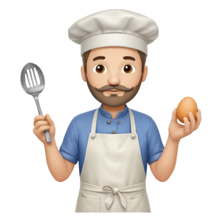 Middle aged male pastry chef - with a small beard, apron, white hat, holding an egg beater in his right hand, and his left hand naturally hanging down to his side sticker