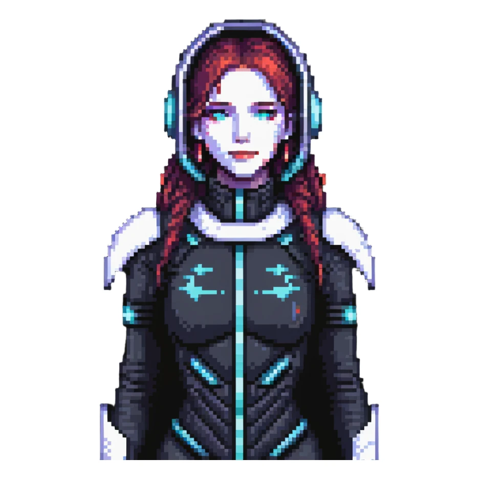 Cyberpunk female character with digital screen face, futuristic outfit sticker