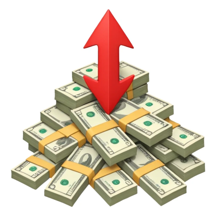 a pile of money with red arrow up with a strategy paper sticker