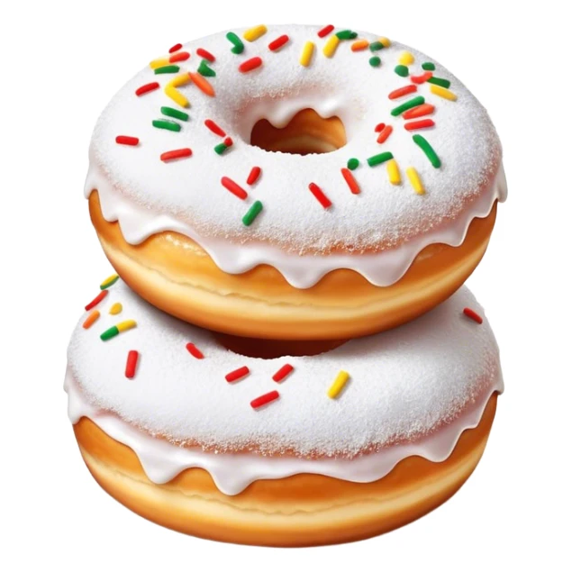 Cinematic fluffy donuts, perfectly golden and dusted with powdered sugar, vibrant icing with sprinkles, stacked in a playful arrangement, soft glowing highlights, warm and inviting. sticker