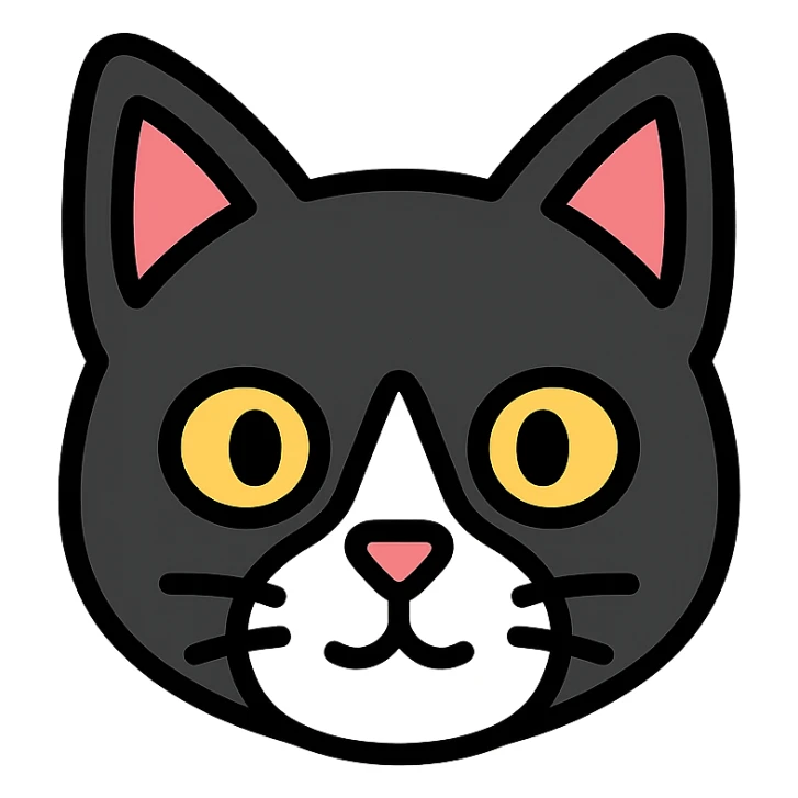 tuxedo cat face, simple, clear expression, lineal color icon with black outlines sticker