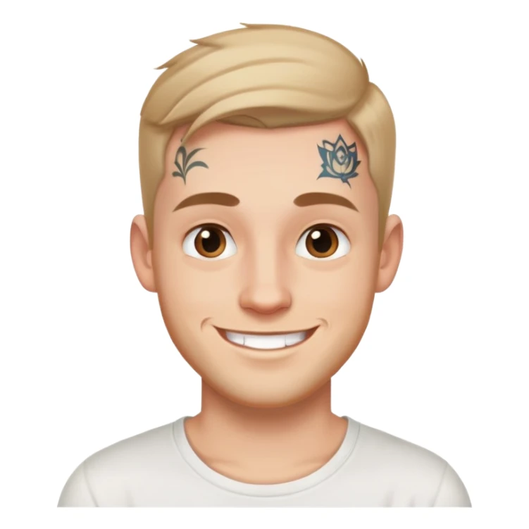 white man with small face tattoo, smiling, wearing a white t-shirt sticker