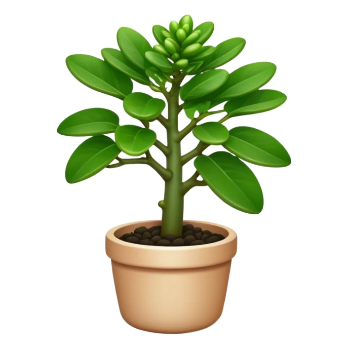 Cinematic Realistic Jade Plant Emoji, Thick and glossy, with dark green, round leaves that shine under the light. The sturdy stems and vibrant foliage give a sense of prosperity and tranquility. Soft glowing outline, capturing the essence of good luck, growth, and natural elegance in a flourishing jade plant! sticker
