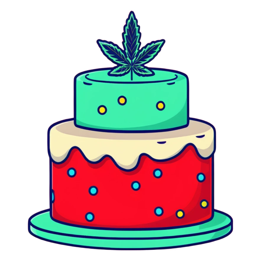 Festive confetti cake with mint leaves and a cannabis leaf as decoration sticker
