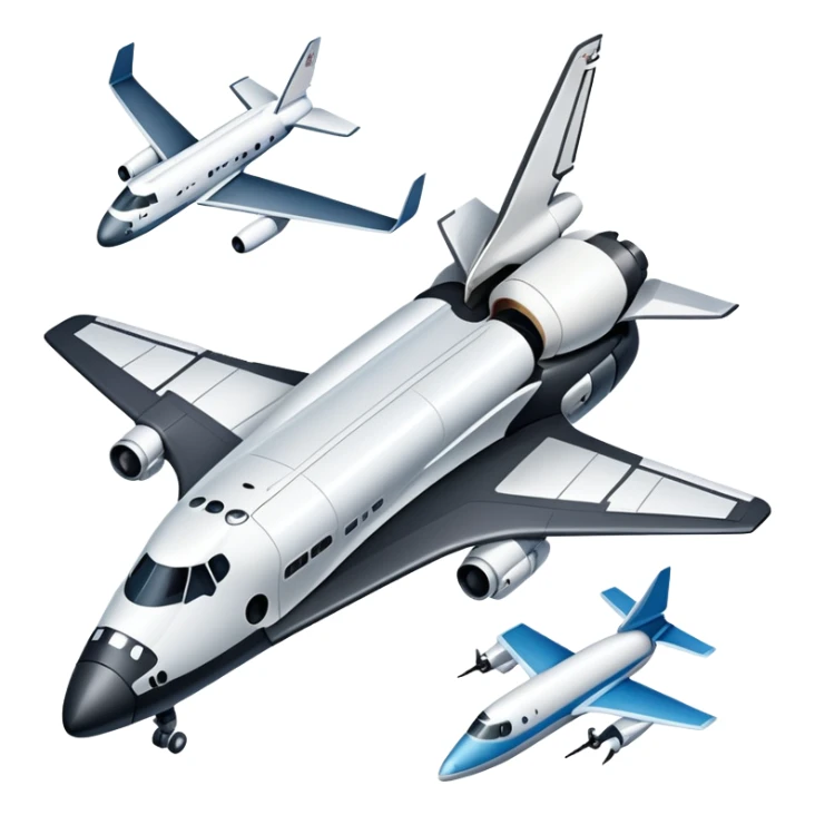An icon featuring a collage of a space shuttle, a drone, and an airplane, symbolizing aerospace technology. The design includes rocket engines, wings, and flight paths, representing advancements in aviation and space exploration. Transparent background highlights cutting-edge aerospace engineering. sticker
