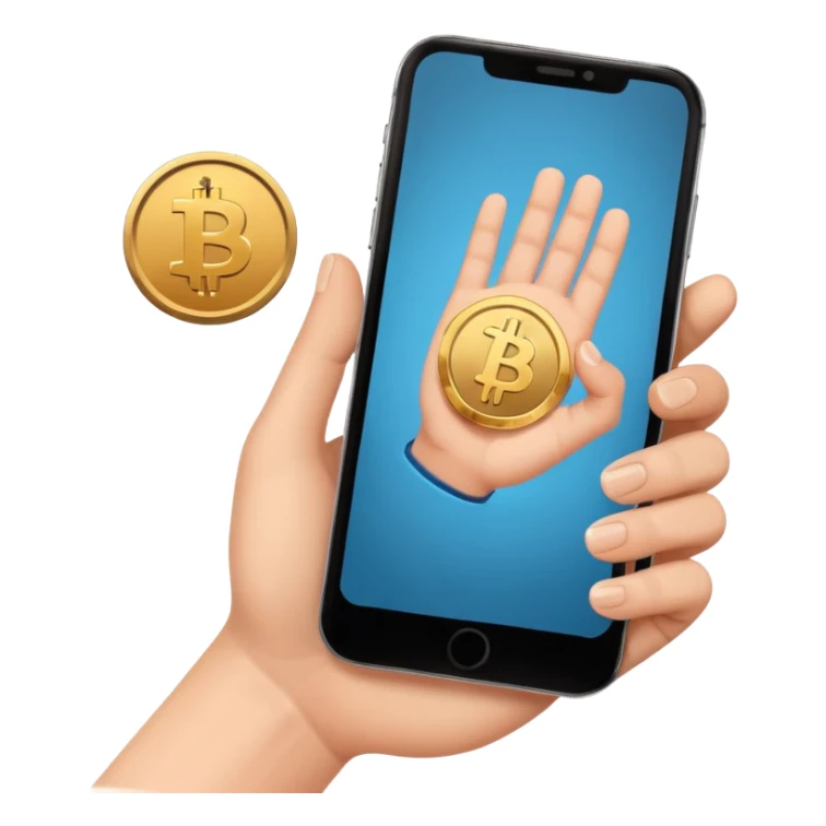 hand holding a phone showing a play icon and coin sticker