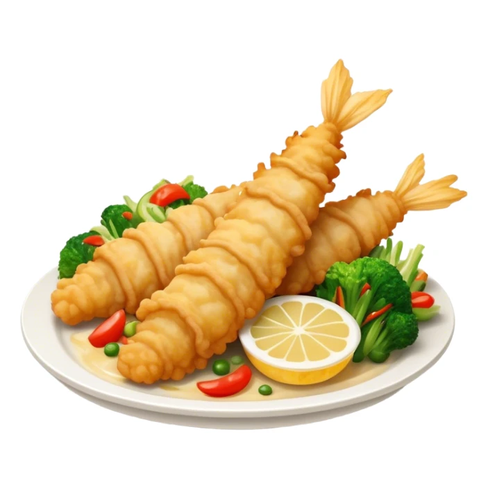 Cinematic Realistic Tempura Dish Emoji, depicted as lightly battered and fried seafood and vegetables rendered with delicate textures and crisp, inviting lighting. sticker