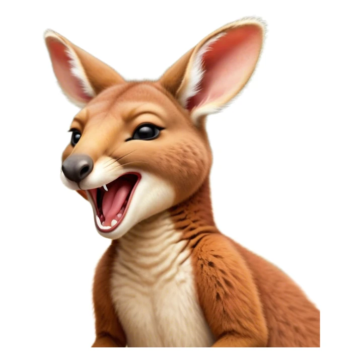 Cinematic Cute Yawning Kangaroo Portrait Emoji, Head tilted slightly with a dramatic, wide-open yawn, showcasing a soft, downy red-orange fur with gently drooping ears and round amber eyes barely open in drowsy contentment, Simplified yet irresistibly adorable features, highly detailed, glowing with a soft, cozy glow, high shine, relaxed yet expressive, stylized with a touch of outback charm, bright and endearing, soft glowing outline, capturing the essence of a sleepy yet affectionate kangaroo, so drowsy it feels like it could stretch out of the screen and curl up for a nap! sticker