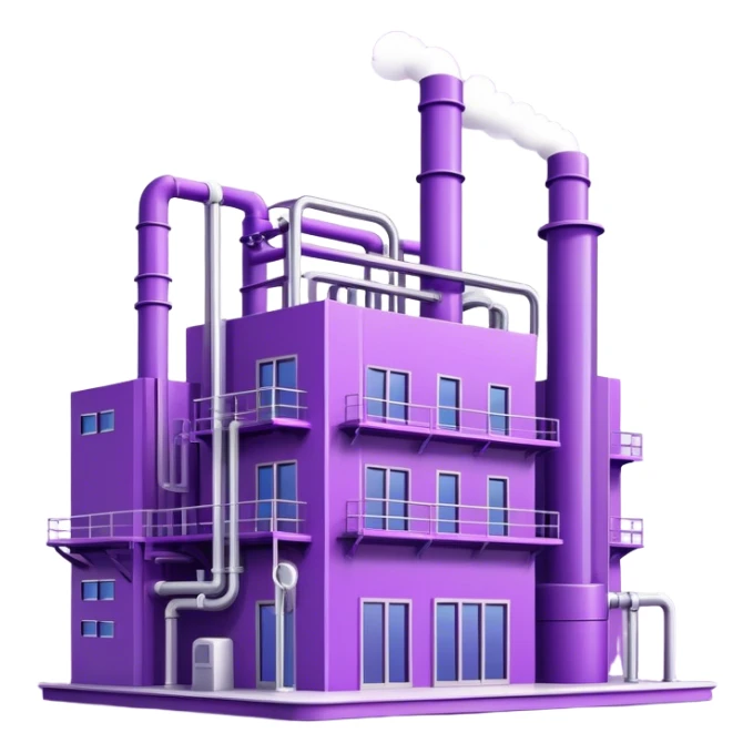 Minimalistic factory building in purple and violet tones, with pipes, sticker