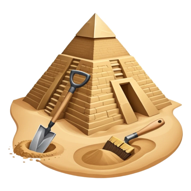 An icon showing archaeological tools like a trowel, brush, and pickaxe placed on sandy ground, with an Egyptian pyramid in the background. The design symbolizes excavation and discovery of ancient history, blending tools and iconic landmarks. Transparent background. sticker