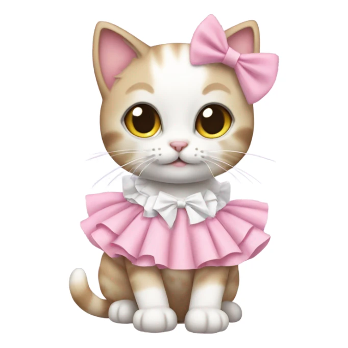 Kitten dressed in cute frilly pink and was white clothes with a bow sticker