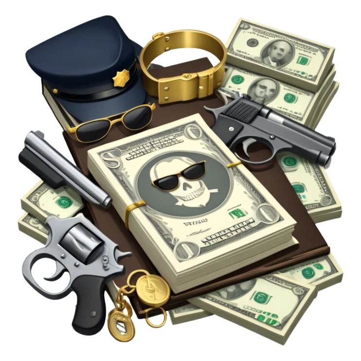 Icon for Action & Crime Reading: an open book, a revolver, handcuffs, a stack of cash. Surrounding elements include a dark alley, a police badge, and a pair of sunglasses. The icon should evoke tension, suspense, and action. Transparent background. sticker