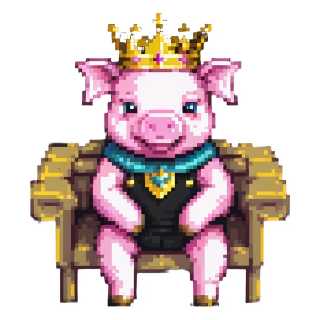 cartoon-like playful pixel art pig with a golden crown sitting on a throne, blocky and square like Minecraft, very few pixels, simple and charming sticker