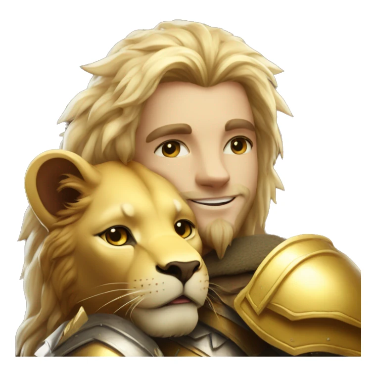 A lion leonin with golden armor hugging a blonde elf  sticker