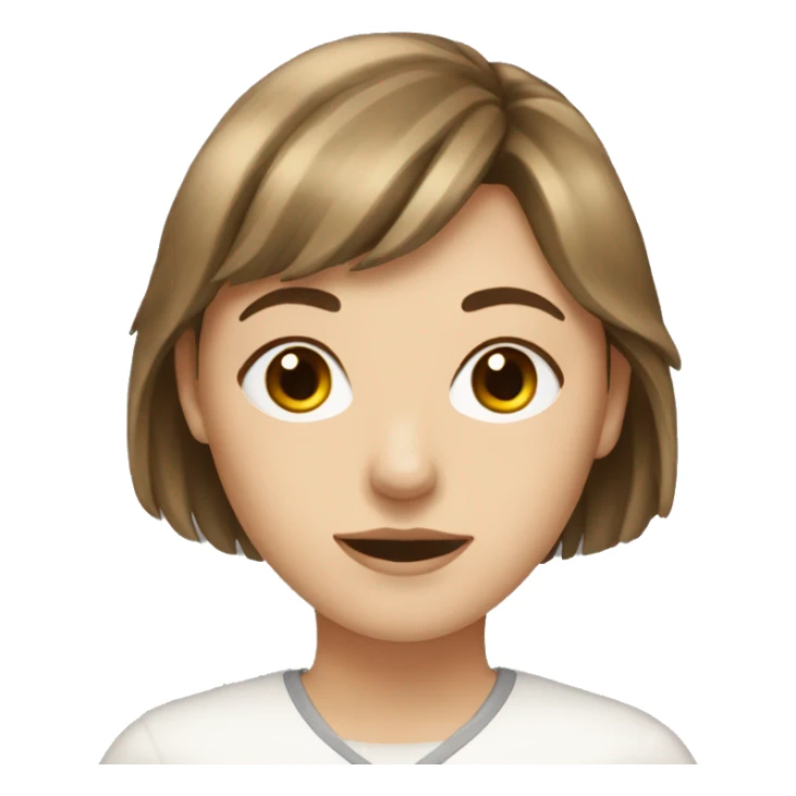 young white woman with brown hair and a fringe sticker