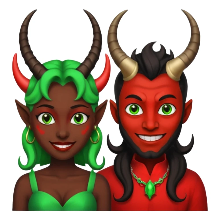two evil persons (male and female) with devilish smile and black face and green eyes sticker